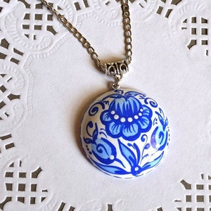 wedding gift ideas bridesmaids gift boho jewelry handmade Pendant wooden Jewelry, wood necklace blue white Jewelry wedding painted pendant image 1