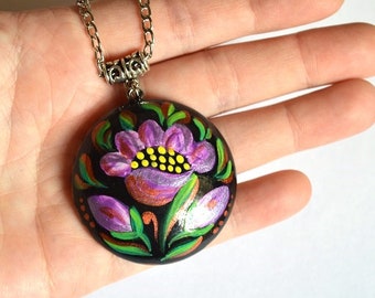 wood necklace hand painted Pendant lilac flower pendant bridesmaids gift for her paint pendant floral pendant jewelry ethnic pendant purple