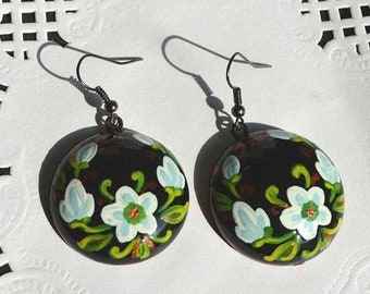 black white flower earrings handmade, wife Gift for her holiday earrings painting jewelry wooden ethnic, round earrings wood handpainted art