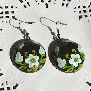 black white flower earrings handmade, wife Gift for her holiday earrings painting jewelry wooden ethnic, round earrings wood handpainted art image 1