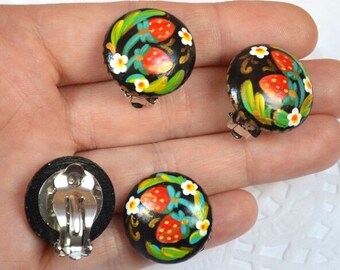 Pendientes de fresa Clip En regalo del bosque para amigo, linda joyería pendientes tribales deja bayas y flores pendientes de clip rojo Floral boho