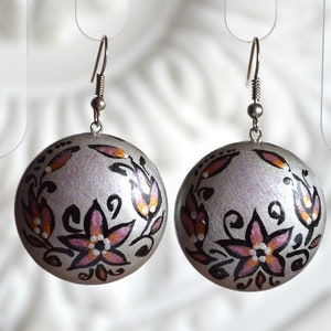 Gray Silver earrings wood hand painted, Handmade wooden earrings Boho jewelry Round Paint Dangling Earrings ethnic Gift idea for her gifts image 1