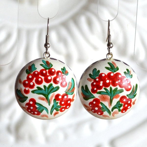 Viburnum earrings tribal jewelry girlfriend Gift idea boho earring romantic, White and red Ukrainian jewelry handpainting wooden lightweight