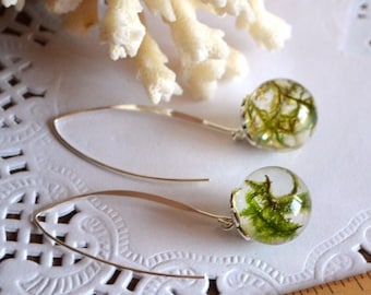 green moss earrings resin jewelry forest gift for women, terrarium clear ball earrings botanical nature lover gift teen, sister gift idea