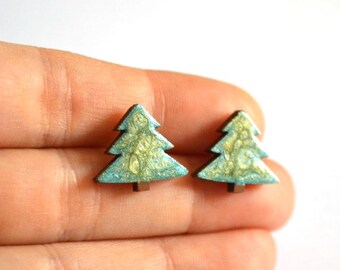 christmas earrings Woodland jewelry handmade stud earrings Green Holiday earrings christmas Gift ideas xmas tree christmas jewelry wood Art