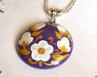 Purple pendant necklace handmade hand painted romantic flower Wood folk Jewelry Floral Lilac, Gift Idea for her Boho bridesmaids gift womens