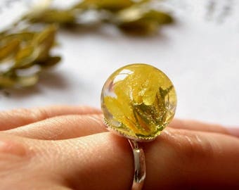 yellow ring flowers jewelry resin adjustable womens gift for her, christmas gift for wife nature lover gift, cute jewelry floral Boho hippie