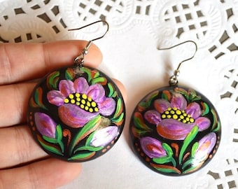 Boho earrings wooden jewelry, Statement earrings hand painted Purple flower earrings, Shabby chic earrings Floral jewelry Gift Ideas for her