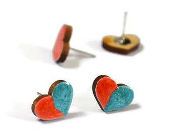 red blue heart earrings stud heart romantic gift for her, gift blue and red stud earrings valentines gift for girl womens gift heart jewelry