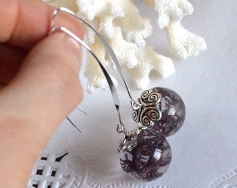 purple earrings Ball moss lichen jewelry nature gift for her romantic earring, girlfriend gift for women christmas jewelry purple resin boho