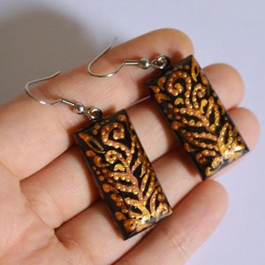 Gold and Black leopard Earrings gift for women, Long earrings wood jewelry rustic earrings handmade jewelry, brown earrings ethnic earrings small 3x1.5 cm