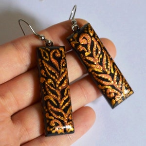 Gold and Black leopard Earrings gift for women, Long earrings wood jewelry rustic earrings handmade jewelry, brown earrings ethnic earrings long 4.5x1.5 cm