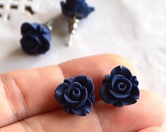 dark blue earrings minimalist gift for her flower earrings girl gift for women tiny earrings black stud earring floral jewelry gothic flower