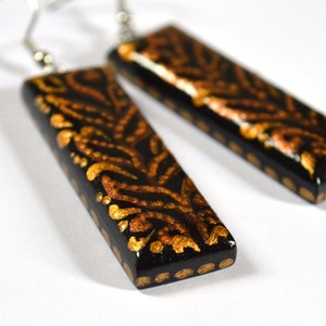 Gold and Black leopard Earrings gift for women, Long earrings wood jewelry rustic earrings handmade jewelry, brown earrings ethnic earrings image 2