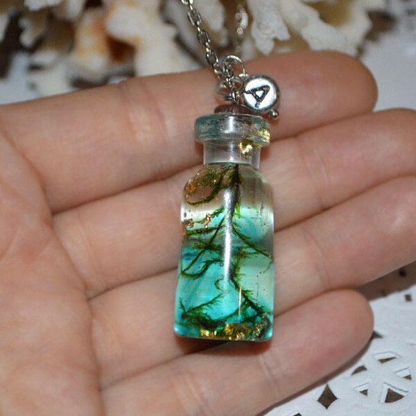 personalized Pendant Terrarium, initial necklace bottle jewelry Green pendant for women, resin turquoise necklace girlfriend gift for sister