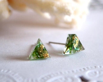 triangle earrings stud green moss forest jewelry geometric, Nature Unique gift for women gift for wife, cute tiny stud earrings triangular