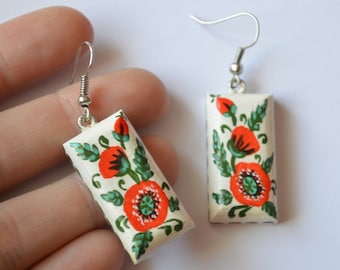 Red poppies earrings hand painted women gift wedding jewelry Eco Gift idea for her, Dangling Earrings White red Boho Chic jewellery Ukraine