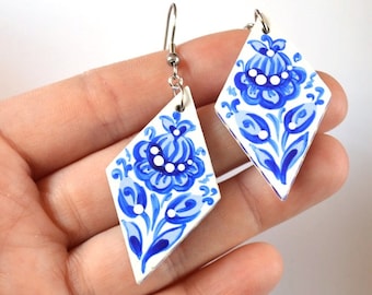 blue and white earrings Blue Jewelry paint birthday gift wife, Gift for women Wedding Bridal jewelry anniversary gift mom, pretty earrings