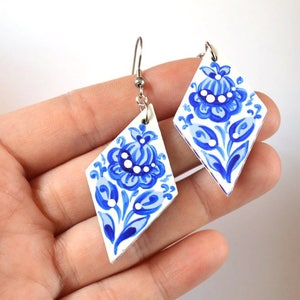 blue and white earrings Blue Jewelry paint birthday gift wife, Gift for women Wedding Bridal jewelry anniversary gift mom, pretty earrings