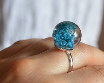 blue moss ring resin jewelry real lichen forest gift under 30, boho ring terrarium, something blue wedding gift for her, girl gift ideas mom