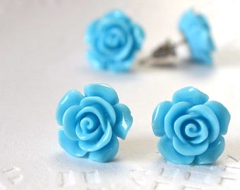 blue flower stud earrings romantic jewelry, rose jewelry bridesmaid gift for wife, spring flowers earrings small flower rose birthday gifts