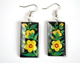 Yellow Earrings floral wedding valentines gift for her womens gift mom, Black Yellow flowers jewelry handpainted earring wooden rectangular