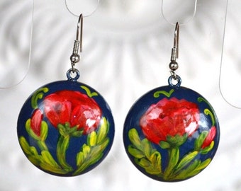 Red poppies earrings, handmade Dangling Earrings cute wooden earrings valentines day Wood Hand painted Red blue green folk sister Gift ideas