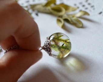 green moss necklace pendant resin ball jewelry charm real moss necklace, plant pressed organic jewelry forest crystal, Nature lover gift mom