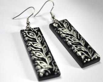 Black and silver Drop Earrings Handmade painting wood jewelry gothic mom gifts, ethnic earring folk art rustic jewelry Birthday Gift for her