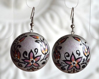 Gray Silver earrings wood hand painted, Handmade wooden earrings Boho jewelry Round Paint Dangling Earrings ethnic Gift idea for her gifts