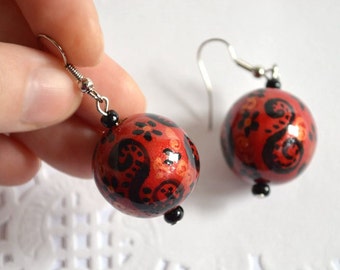 Dark red balls earrings Mother day gift for women gift for girlfriend, boho handmade jewelry vinous earrings wooden beaded crimson folk art