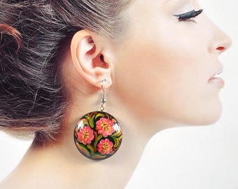 lightweight wooden earrings pink flowers jewelry gift for her girlfriend gift, Boho earrings gift for women jewelry birthday gift for wife