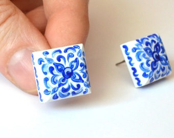 White blue tiny studs earrings post earrings bohemian jewelry wife gift for women present wedding earrings blue Studs wedding gift for mom