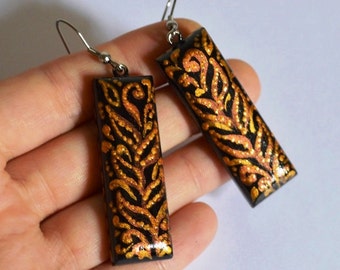 Gold and Black leopard Earrings gift for women, Long earrings wood jewelry rustic earrings handmade jewelry, brown earrings ethnic earrings