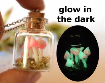 glow in the dark pendant necklace botanical, mushrooms glowing jewelry womens gift for girlfriend real plant nature lover gift woodland moss