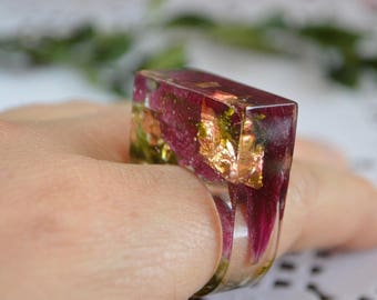 real peony flower petal ring statement organic jewelry resin pressed flowers ring, nature lover gift womens jewelry woodland forest ring mom