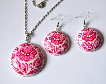 set pendant earrings wood jewelry set Hand made jewelry pink wedding earrings White pink jewelry gift for her gift for women birthday gift