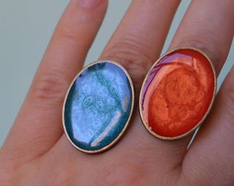 blue ring red jewelry painted resin epoxy clear, statement adjustable ring oval, cute Gift for daughter gift for mom, women Summer jewelry