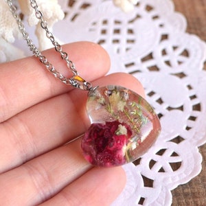 red Rose Necklace heart pendant resin Babys Breath Pressed flowers Terrarium, boho woodland jewelry wife gift for her, bridesmaid gift mom