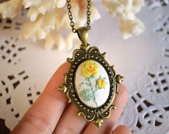 yellow rose necklace embroidery, romantic jewelry flower pendant, mom gift grandmother birthday jewelry botanical garden gift for women