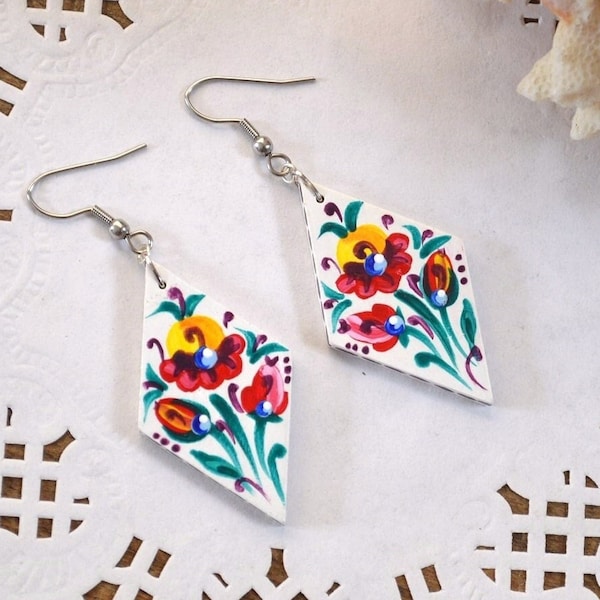 painting earrings rainbow rhombus jewelry wooden, cute Gift for women birthday gift wife, mam colorful Wedding gift Bridal pretty white boho