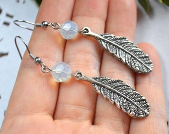 feather jewelry long earrings silver feather gemstone jewelry feather earrings moonstone dangle earrings woodland jewelry earrings gemstone