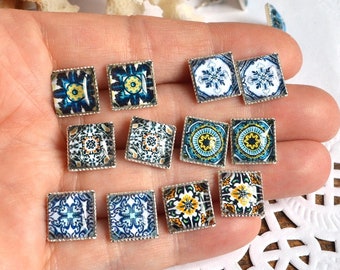 tiny stud earrings square gift for girlfriend Gift idea cute gifts for women tiny post blue pattern funny earrings glass jewelry ethnic boho