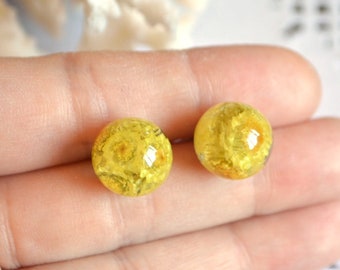 yellow stud crystal earrings boho dried flowers earrings, wedding earrings bridesmaids gift idea for her Handmade jewelry resin earrings eco