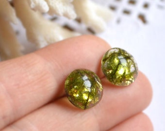 green forest moss stud earrings round resin crystal, pressed flowers jewelry womens gift idea for her, men green earrings girl gift for mom