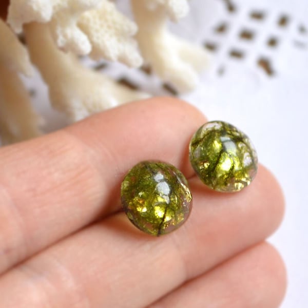 green forest moss stud earrings round resin crystal, pressed flowers jewelry womens gift idea for her, men green earrings girl gift for mom