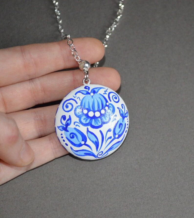 wedding gift ideas bridesmaids gift boho jewelry handmade Pendant wooden Jewelry, wood necklace blue white Jewelry wedding painted pendant 4 Centimeters