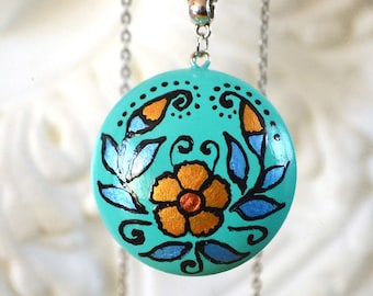 turquoise necklace pendant statement boho jewelry floral gift for women cotagecore jewelry handpainted folk art, green black gold necklace