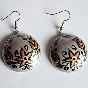 Gray Silver earrings wood hand painted, Handmade wooden earrings Boho jewelry Round Paint Dangling Earrings ethnic Gift idea for her gifts image 2