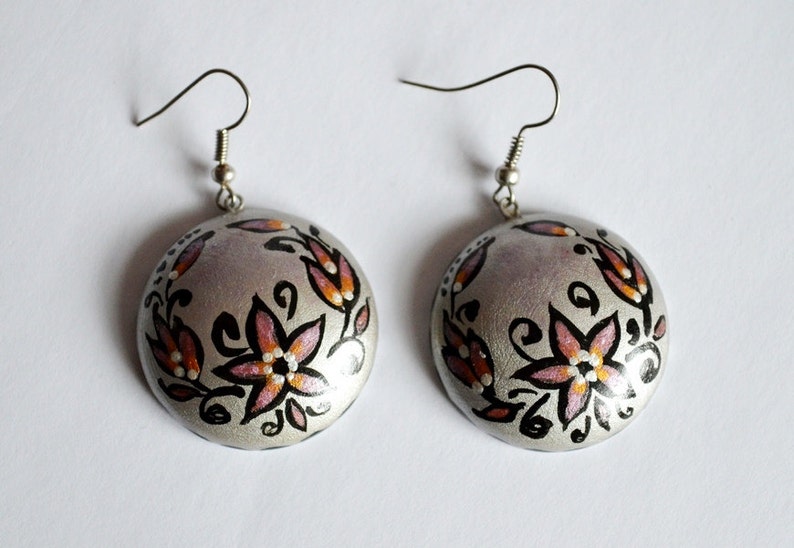 Gray Silver earrings wood hand painted, Handmade wooden earrings Boho jewelry Round Paint Dangling Earrings ethnic Gift idea for her gifts image 2